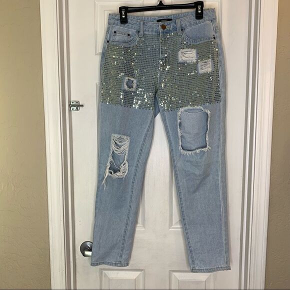 Forever 21 Sequin Distressed Boyfriend Style Jeans Size 27 - Picture 1 of 9